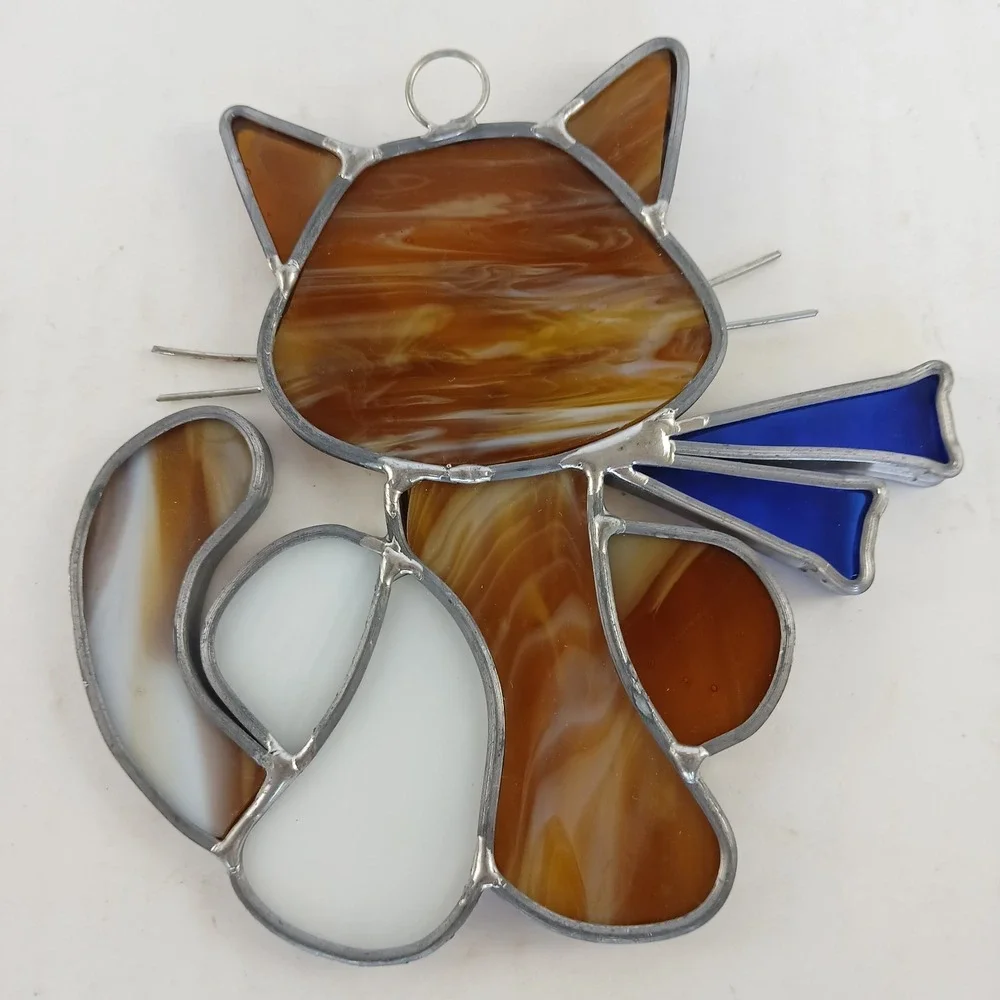 Stained Glass Window Suncatcher Cat Brown White Blue Scarf Hanging Handmade